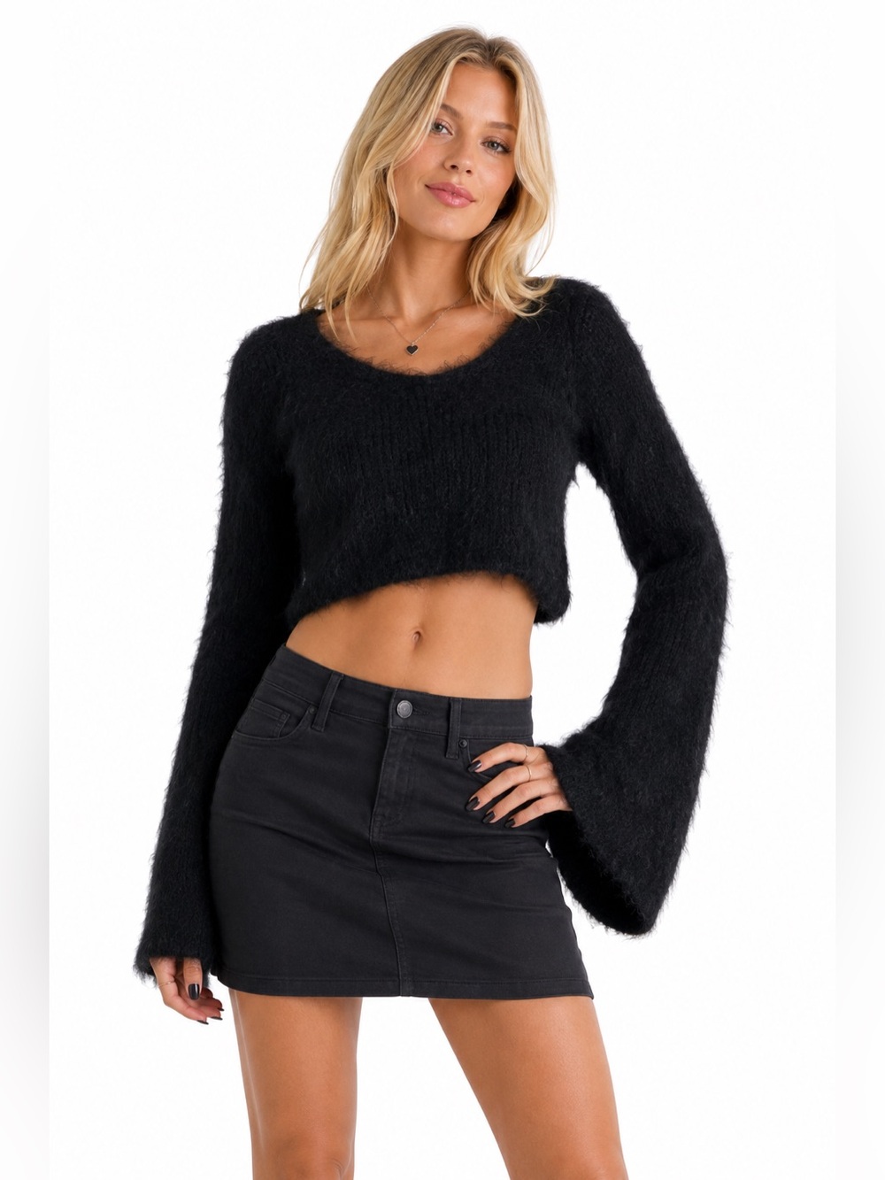 UO Kimchi Blue Open Knit Flare Sleeve Micro Crop Sweater (Black) Size Medium